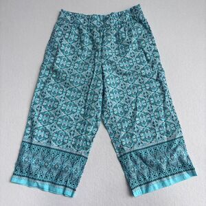 Talbots Linen Pull On Wide Leg Crop Pants Women's LP Aqua Blue Geometric Preppy